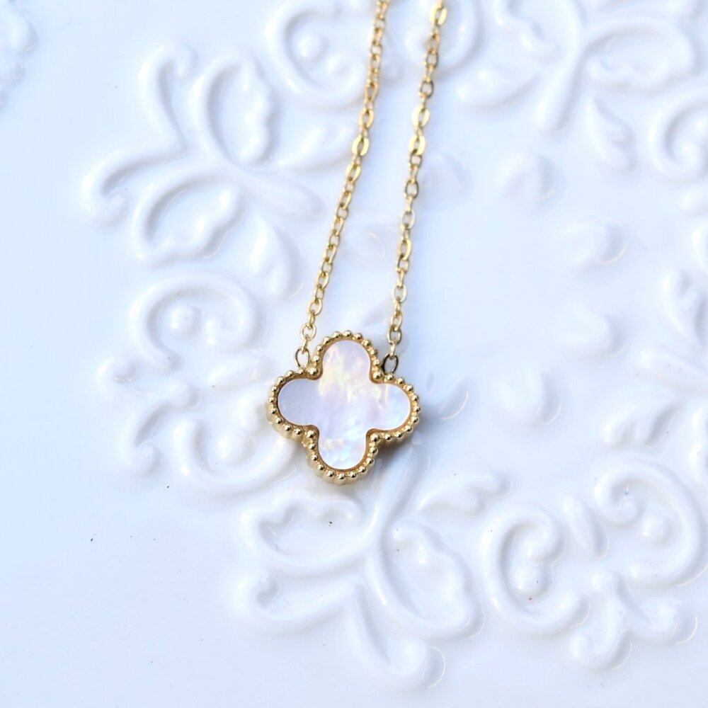White Shell Clover Charm Necklace - Golden Stainless Steel Necklace